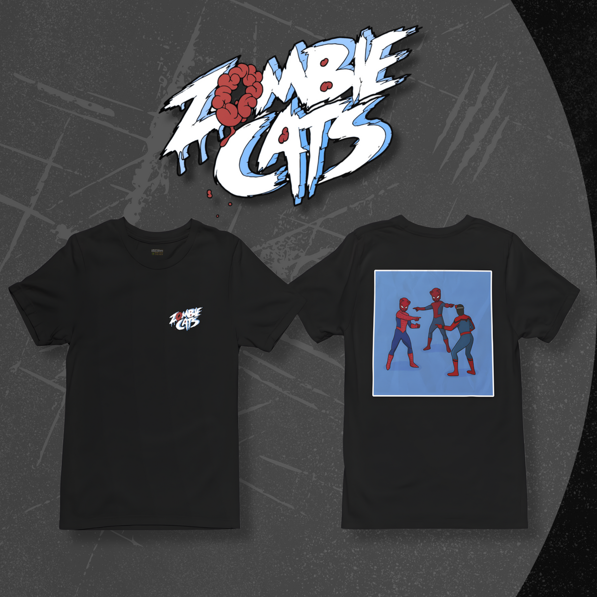 Black t-shirt with graphic design and 'Zombie Cats' logo above on a textured gray background