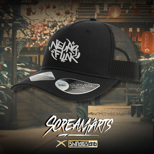 Black cap with white neurofunk logo on a blurred street art background, drum and bass