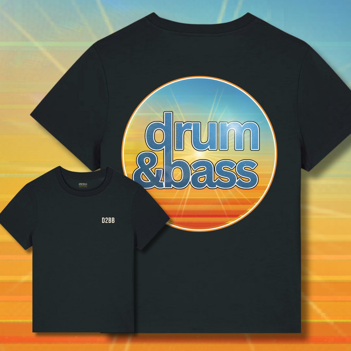 Black ladies t-shirt with 'drum & bass' graphic design on a colorful background