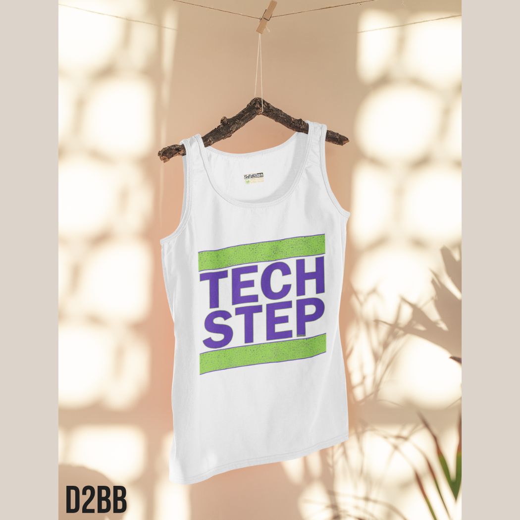 White Vest with Tech Step text, drum and bass festival