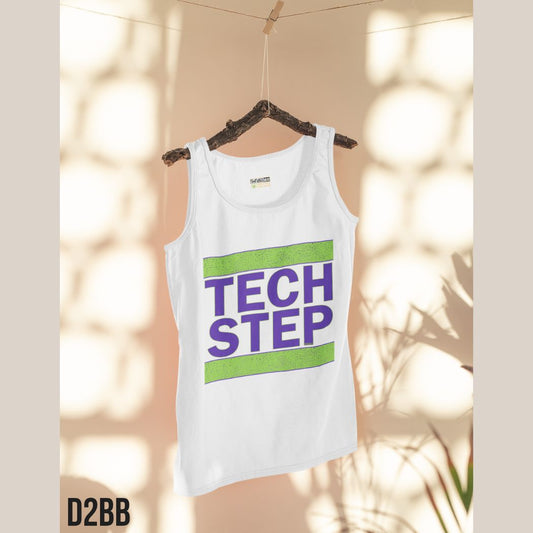 White Vest with Tech Step text, drum and bass festival