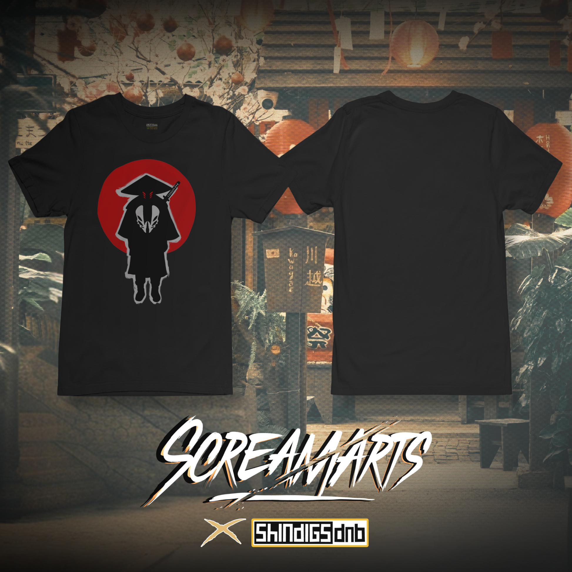 Black t-shirt with a graphic design on a stylized background, featuring the brand 'Screamarts'.