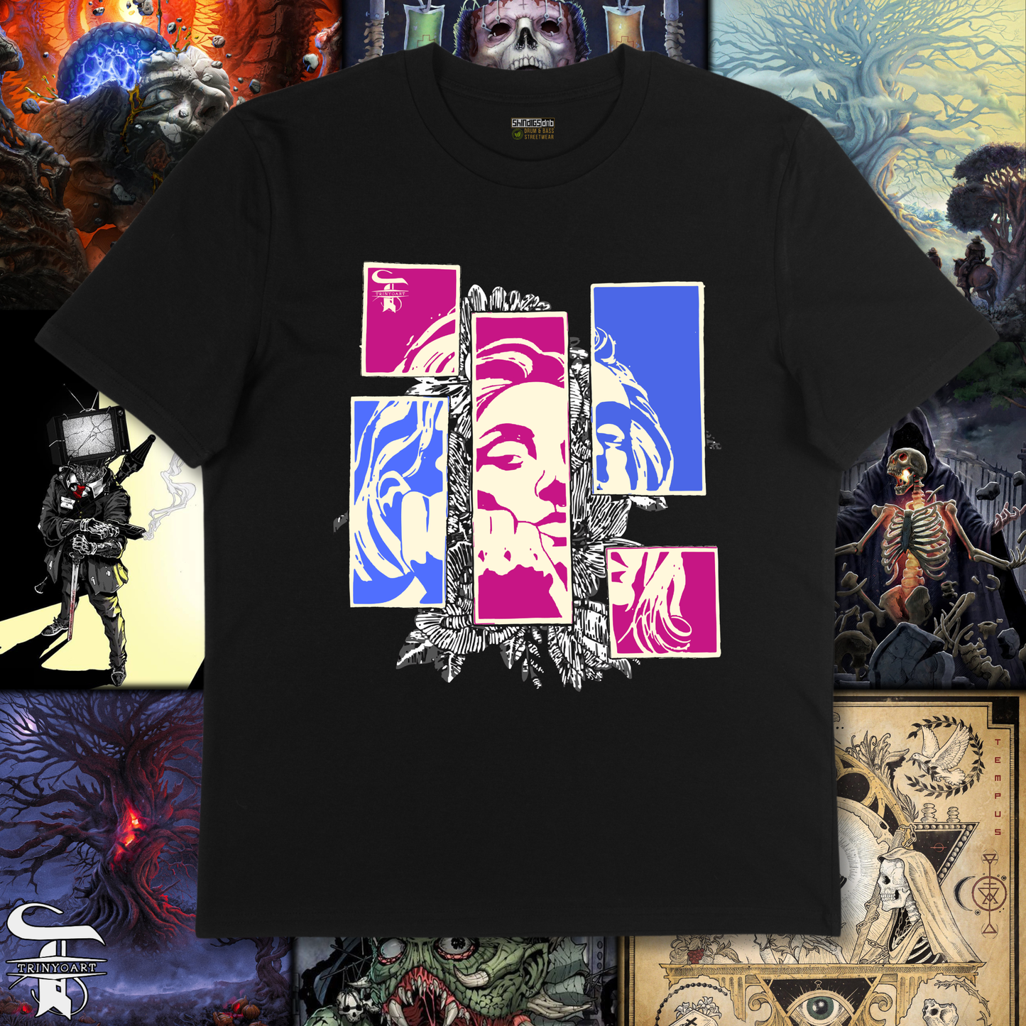 Black t-shirt with colorful graphic design on a collage of fantasy-themed illustrations.