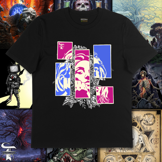 Black t-shirt with colorful graphic design on a collage of fantasy-themed illustrations.