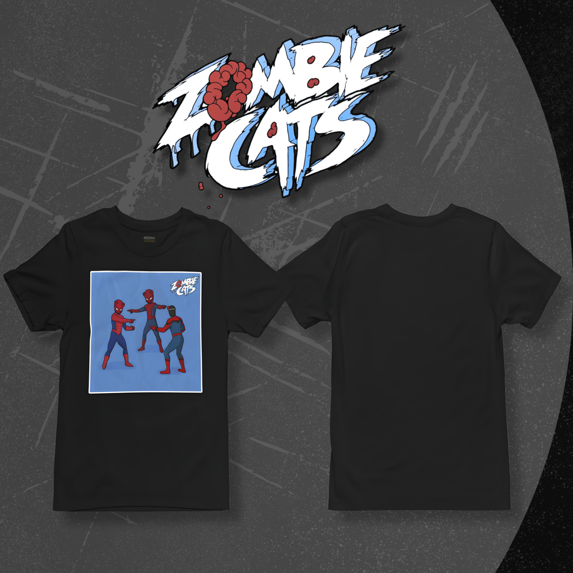 Black t-shirt with graphic design and 'Zombie Cats' logo on a dark background