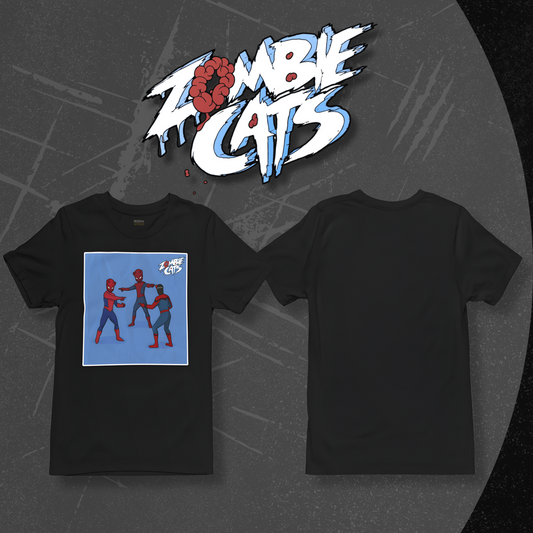 Black t-shirt with graphic design and 'Zombie Cats' logo on a dark background
