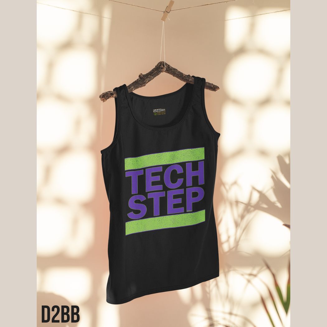 Black tank top with 'TECH STEP' print on a hanger against a light background