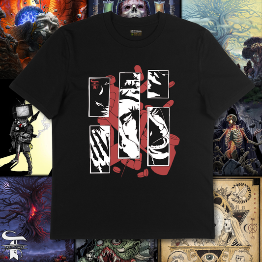 Black t-shirt with graphic design on a colorful collage background
