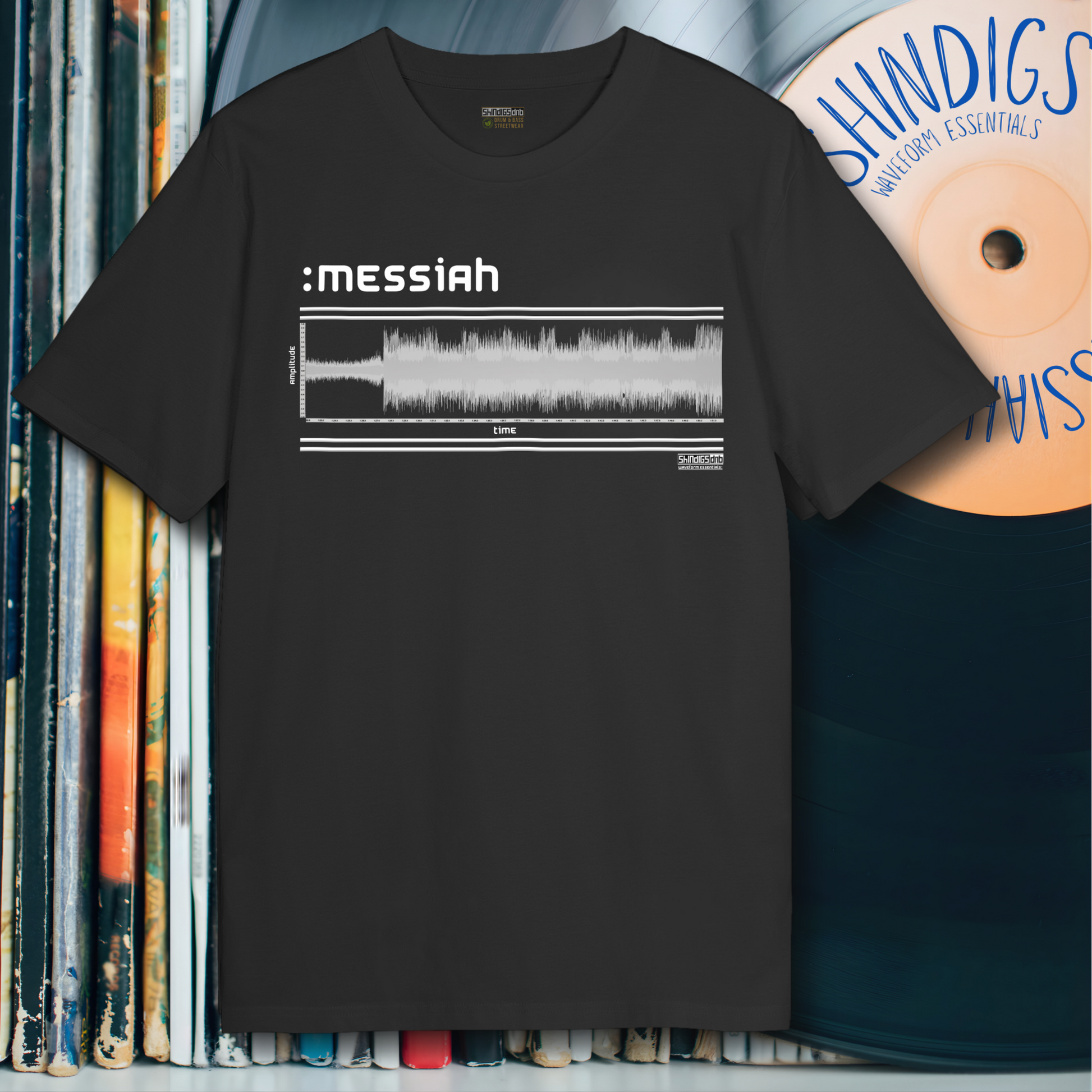Black t-shirt with 'messiah' graphic design on vinyl records, drum and bass, renegade hardware