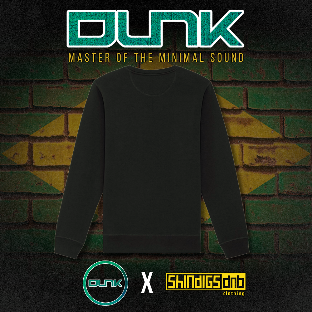 Black sweatshirt against a brick wall with 'Dunk' branding