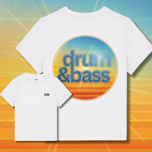 White Ladies t-shirt with 'drum & bass' design on a colorful background