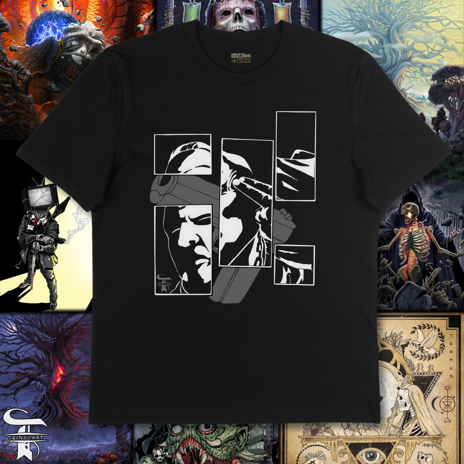 Black t-shirt with white graphic design on a colorful collage background