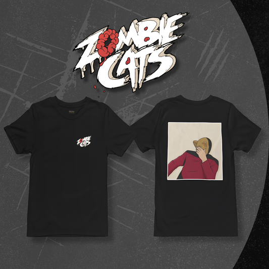 Two black t-shirts with graphic designs on a textured gray background, featuring the 'Zombie Cats' logo.