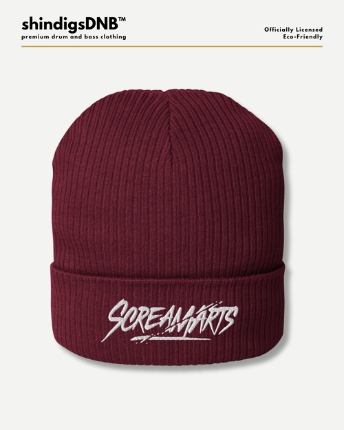 A ribbed knit beanie hat in deep burgundy with a white embroidered 'SCREAMARTS' logo on the front cuff, shown against a light gray background with brand text at the top.