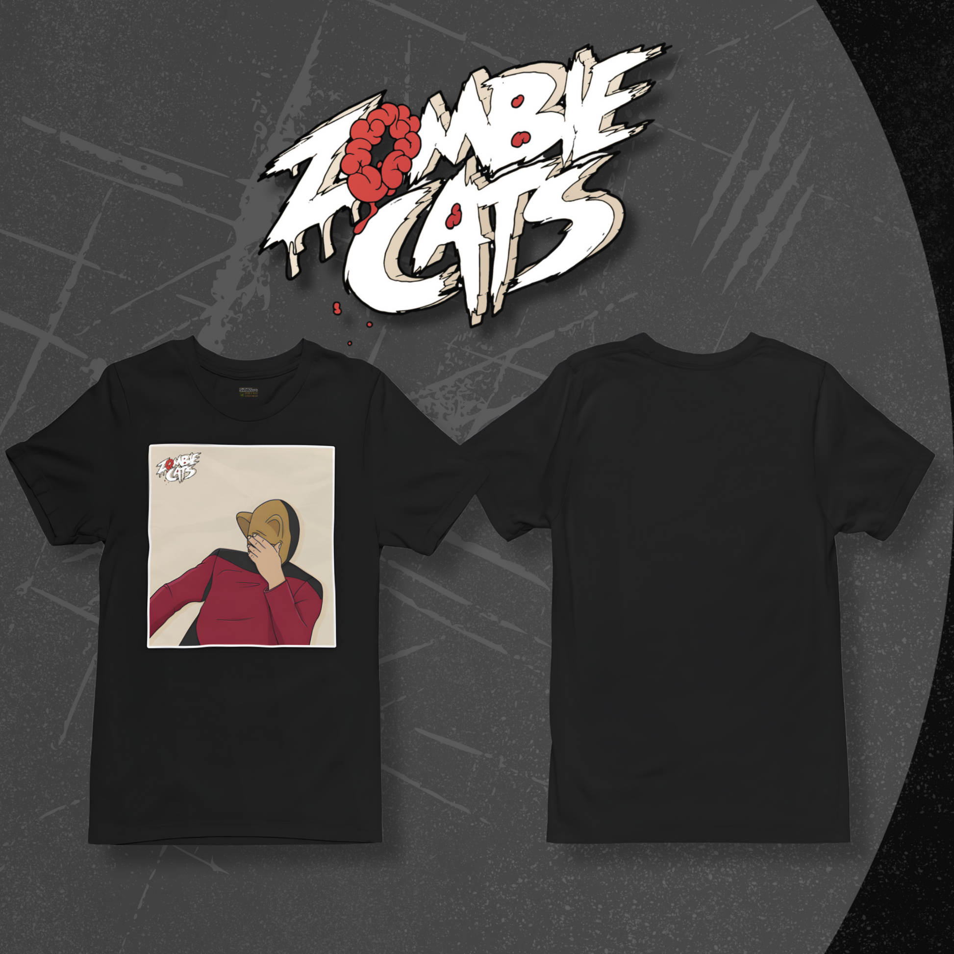 Black t-shirt with a graphic design on a dark background, featuring the 'Zombie Cats' logo.