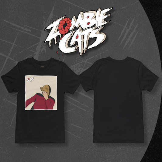 Black t-shirt with a graphic design on a dark background, featuring the 'Zombie Cats' logo.