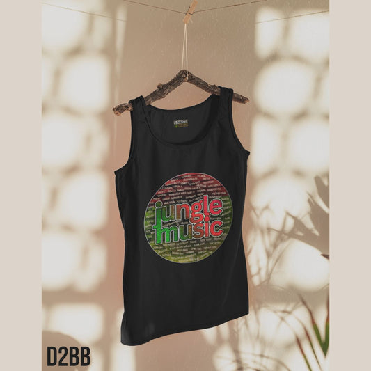 Black tank top with 'jungle music' design on a hanger against a neutral background