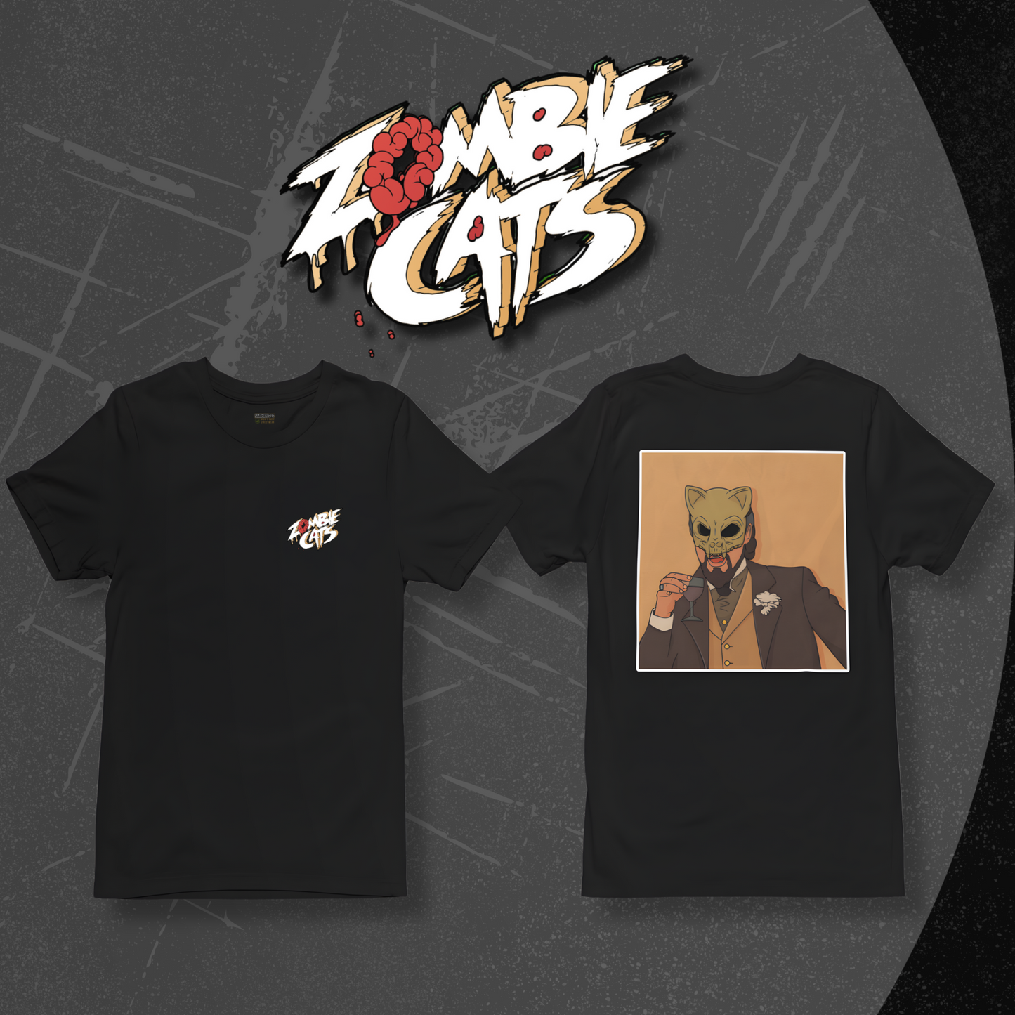 Black t-shirt with 'Zombie Cats' graphic design on a dark background
