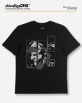 A black short-sleeve graphic t-shirt by shindigsDNB, featuring a stylized grayscale collage print of a face and hands on the front, displayed on a light gray background with brand text at the top.