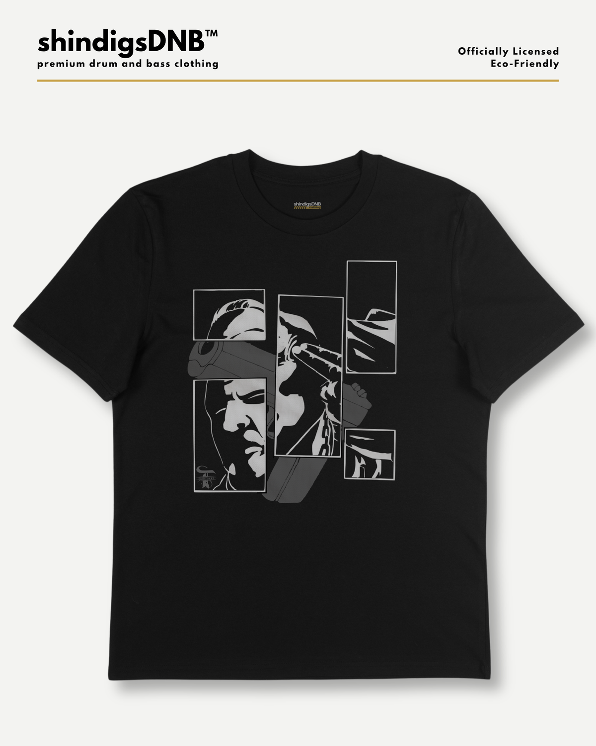 A black short-sleeve graphic t-shirt by shindigsDNB, featuring a stylized grayscale collage print of a face and hands on the front, displayed on a light gray background with brand text at the top.