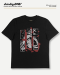 A black short-sleeve graphic t-shirt by shindigsDNB, featuring a stylized red and white collage print on the front, displayed against a light gray background with brand text at the top.