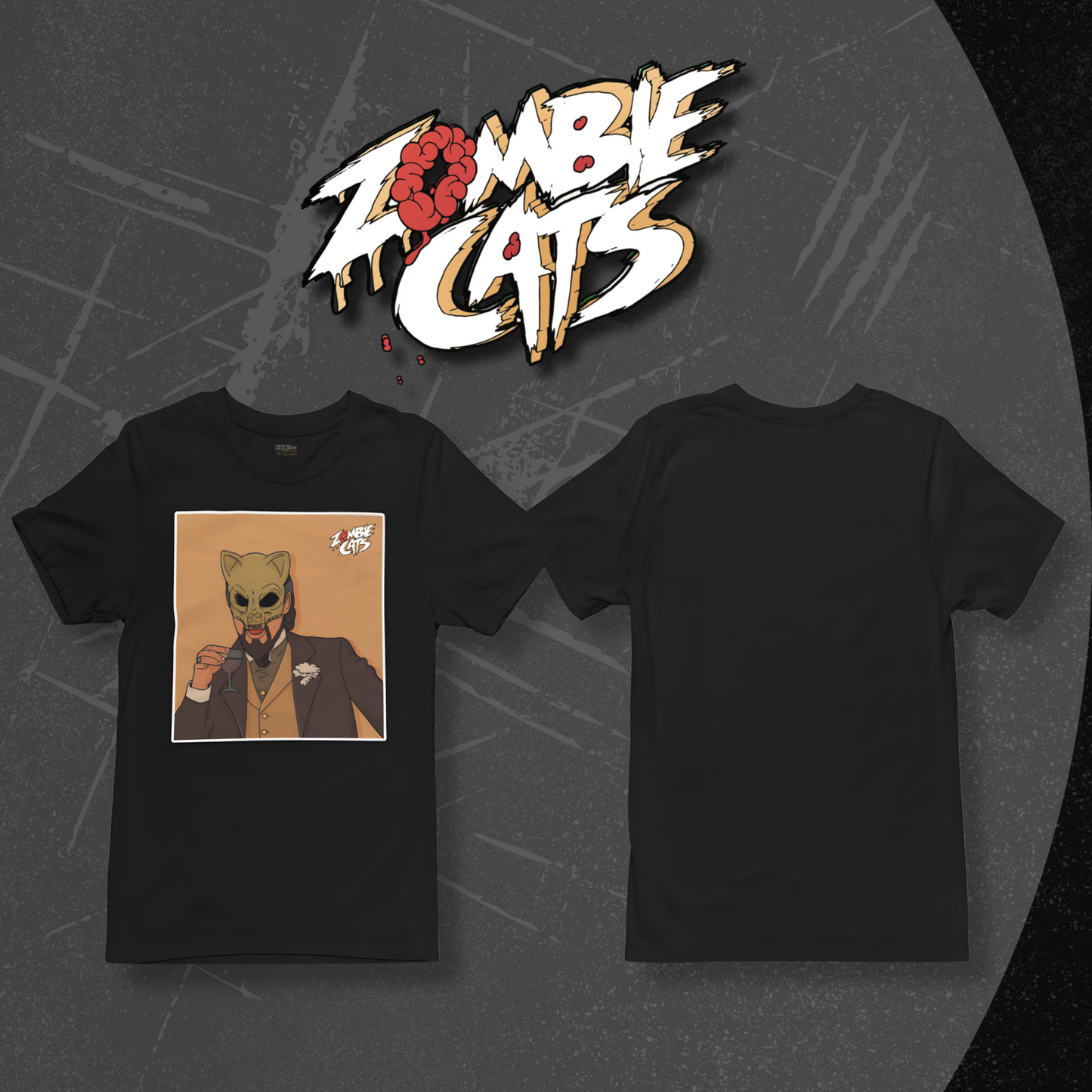 Black t-shirt with a graphic of a cat in a suit and tie, displayed on a dark background with 'Zombie Cats' logo.