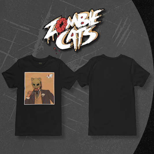 Black t-shirt with a graphic of a cat in a suit and tie, displayed on a dark background with 'Zombie Cats' logo.
