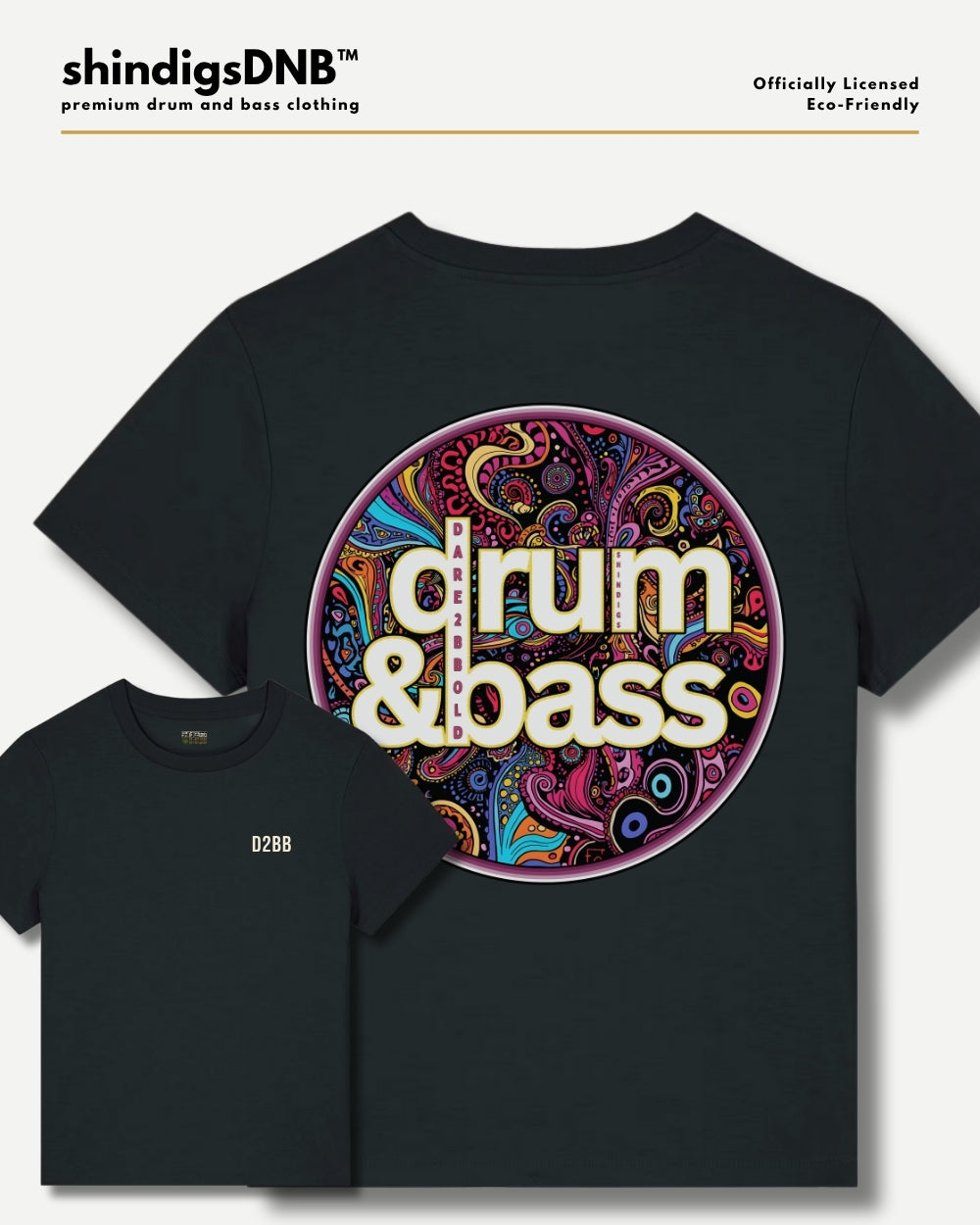 Black short-sleeve t-shirt shown from the back and front. The back features a large circular graphic with psychedelic swirls in pink, purple, blue, and yellow, overlaid with the words 'drum & bass' in white.