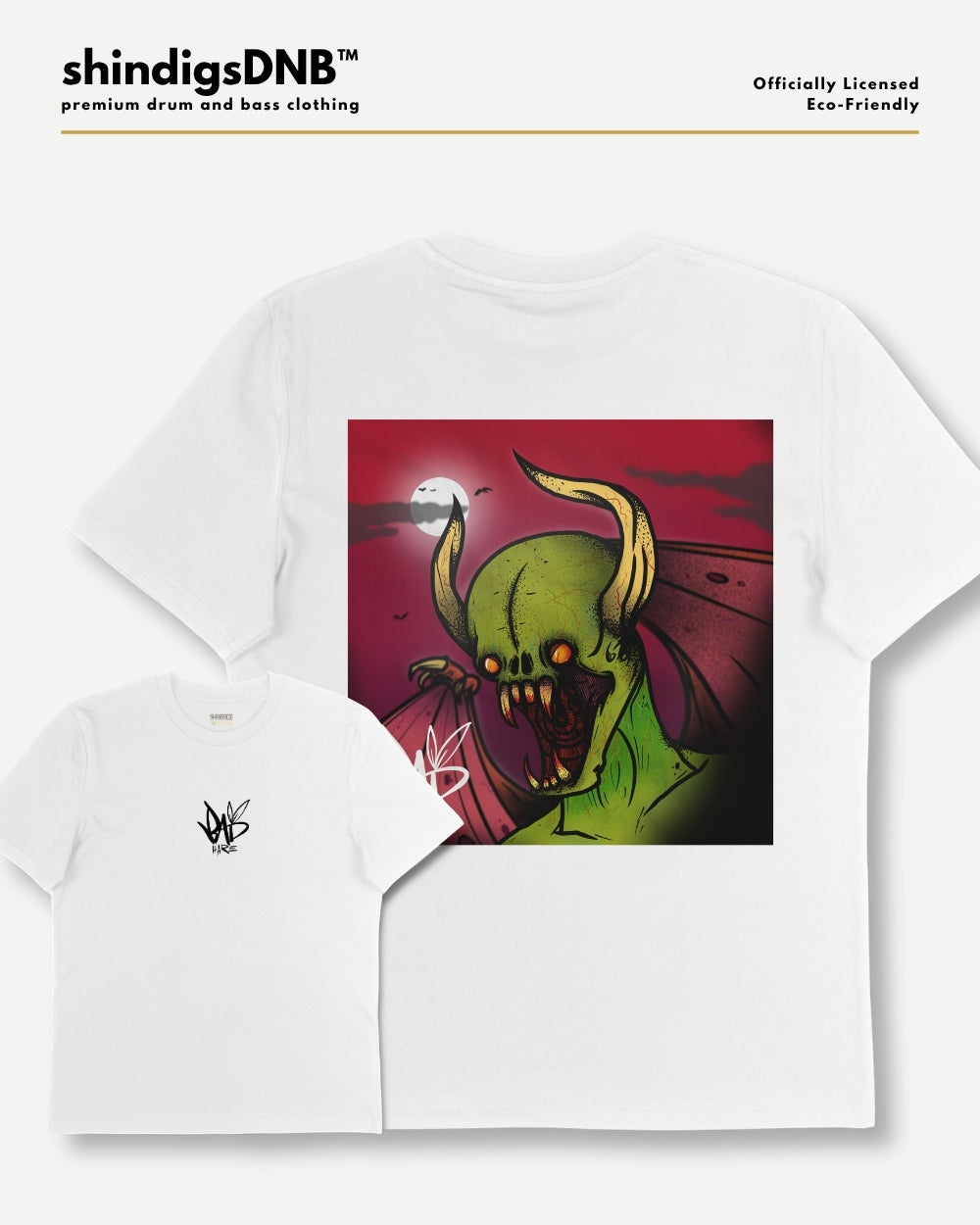 White short-sleeve t-shirt shown in two sizes: a large version featuring a large graphic print of a green horned demon with a red sky background, and a smaller version featuring a small black winged logo on the left chest. The brand name 'shindigsDNB' is visible at the top left.