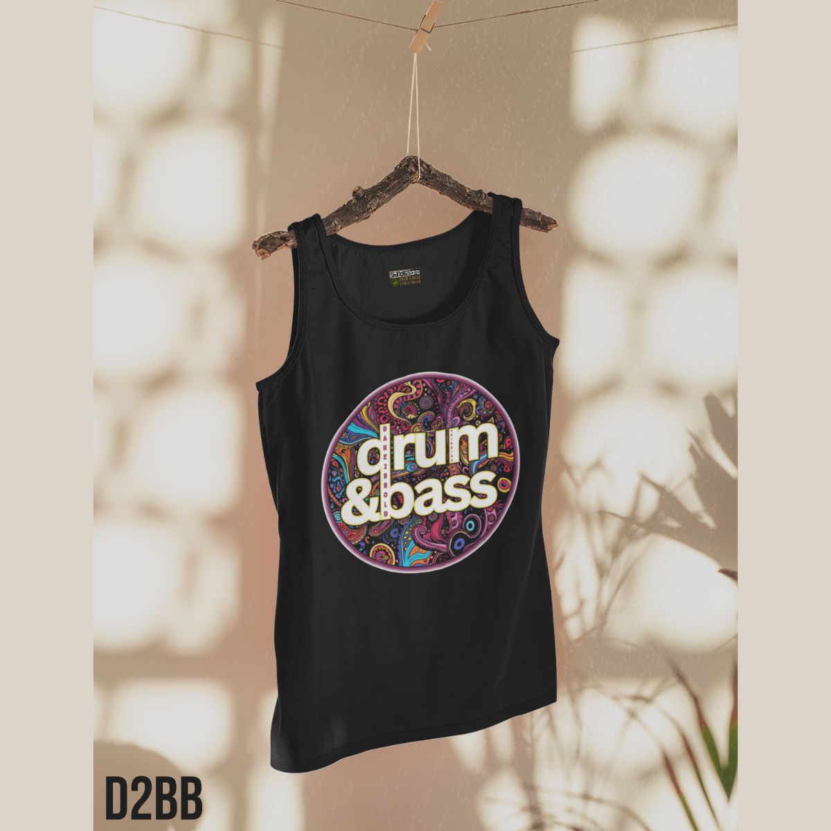 DRUM AND BASS DESIGN ON A BLACK VEST FOR MUSIC FESTIVALS AND BEACHWEAR