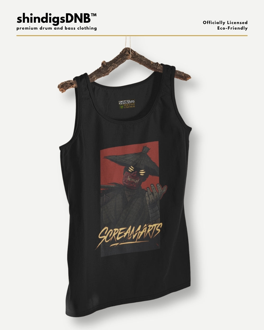 A black tank top hanging on a wooden hanger against a light gray background. The tank top features a graphic print of a dark hooded figure with glowing yellow eyes inside a red square, with the text 'SCREAMARTS' in yellow script below.
