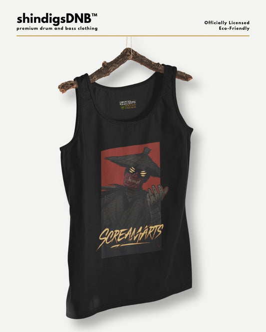 A black tank top hanging on a wooden hanger against a light gray background. The tank top features a graphic print of a dark hooded figure with glowing yellow eyes inside a red square, with the text 'SCREAMARTS' in yellow script below.