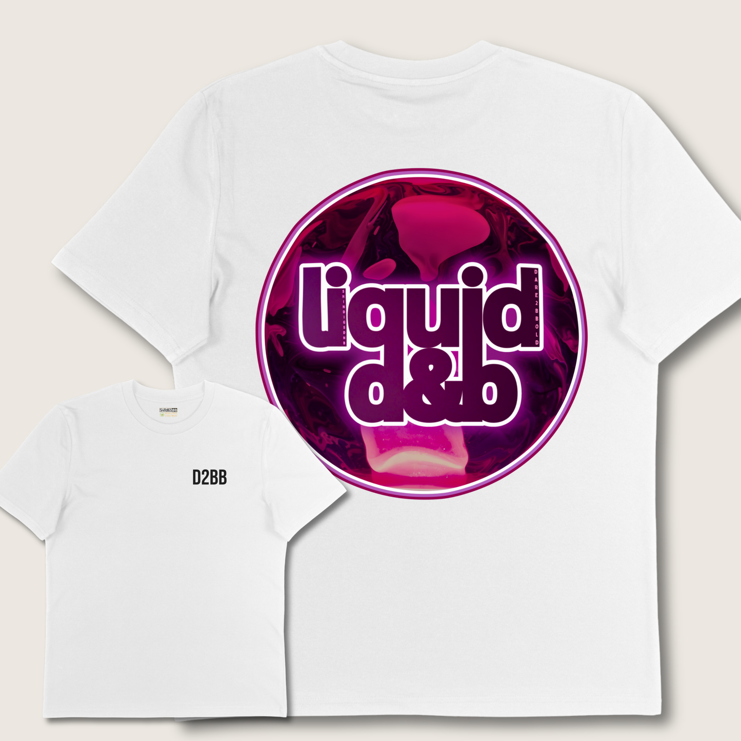 White t-shirt with a pink and purple 'liquid & bb' logo on a beige background