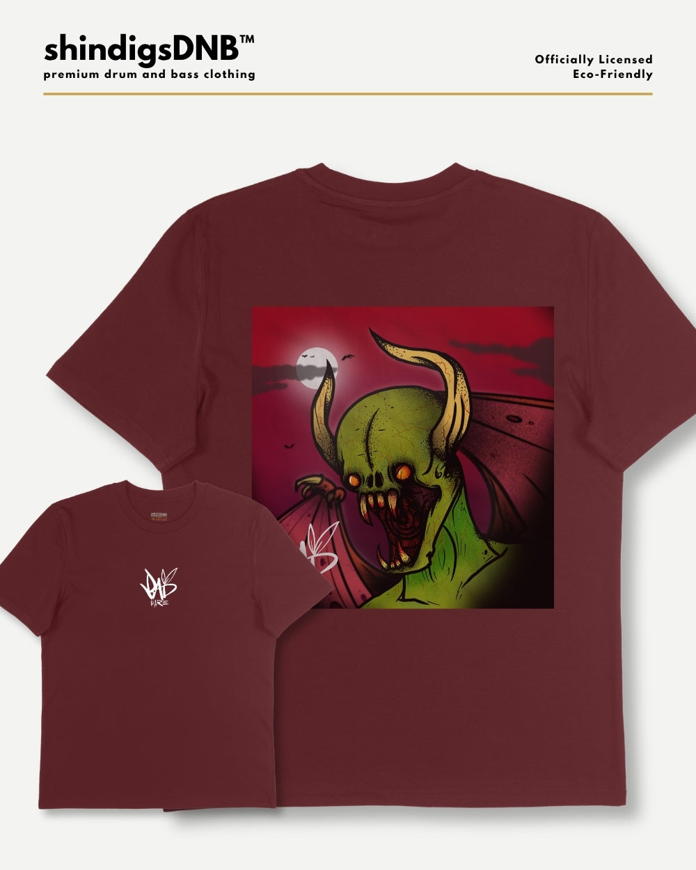 A product mockup showing two views of a maroon t-shirt from shindigsDNB: a larger long-sleeve view with a graphic of a green horned creature on the front, and a smaller short-sleeve view with a small white logo on the left chest. The top of the image features a white banner with the brand name 'shindigsDNB' and text 'Officially Licensed Eco-friendly'.