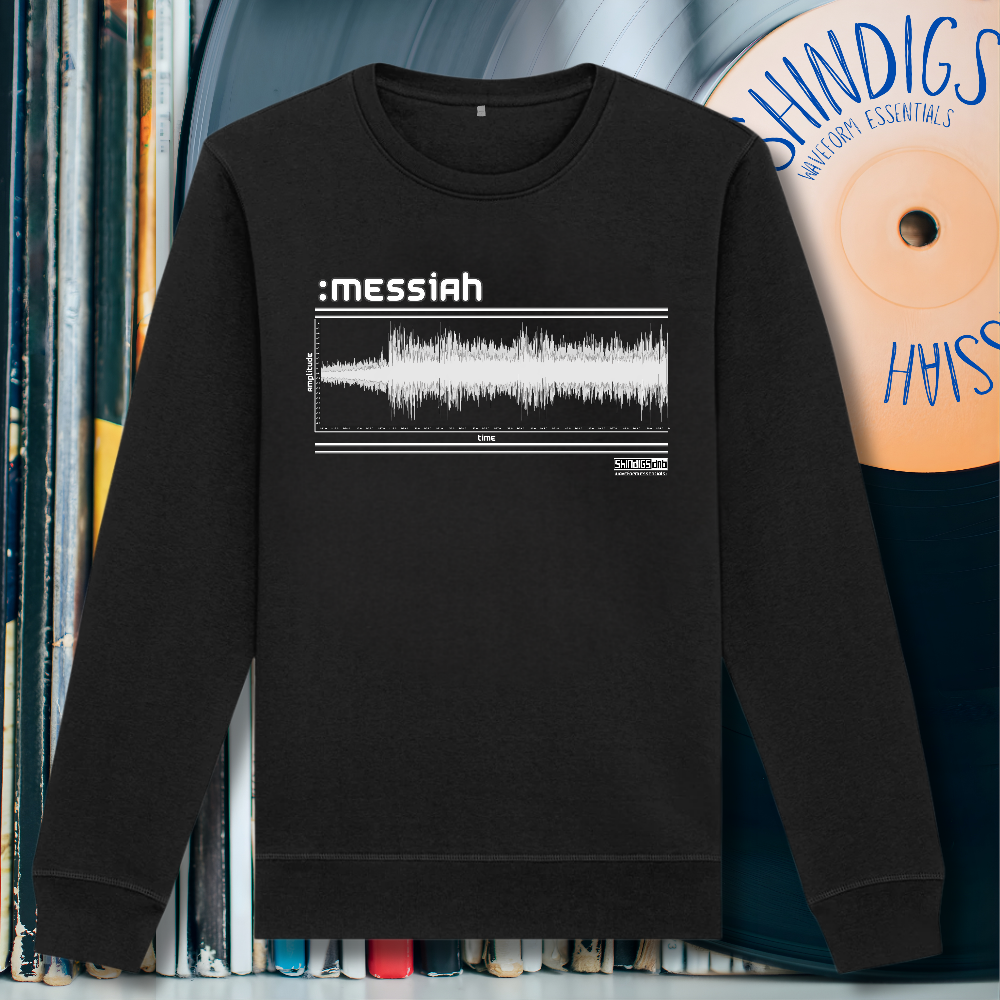 Black sweatshirt with 'messiah' graphic design on a background of vinyl records