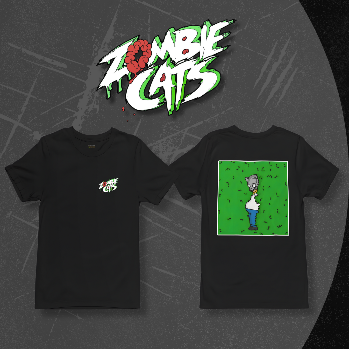 Two black t-shirts with graphic designs on a dark textured background, featuring the 'Zombie Cats' logo.