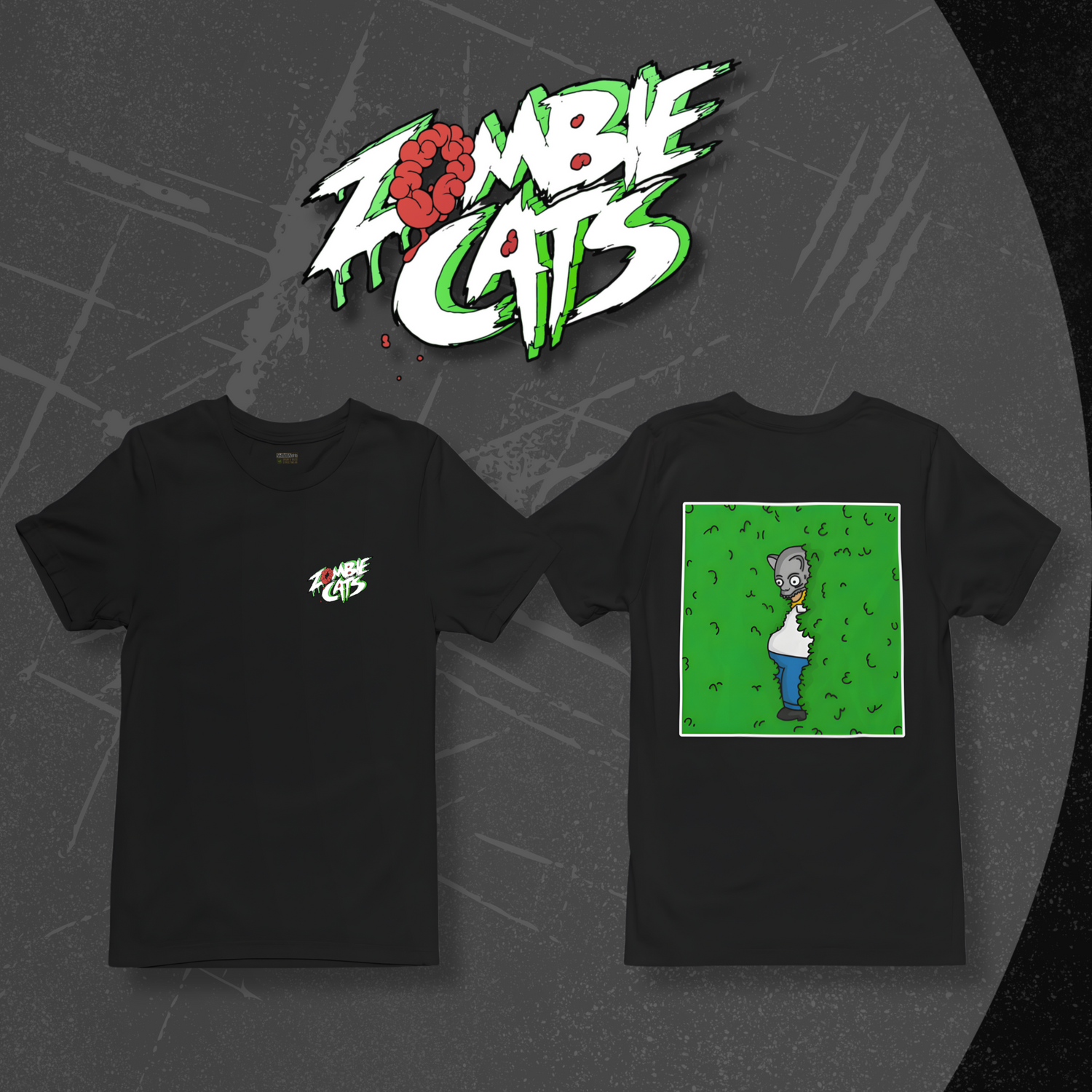 Two black t-shirts with graphic designs on a dark textured background, featuring the 'Zombie Cats' logo.