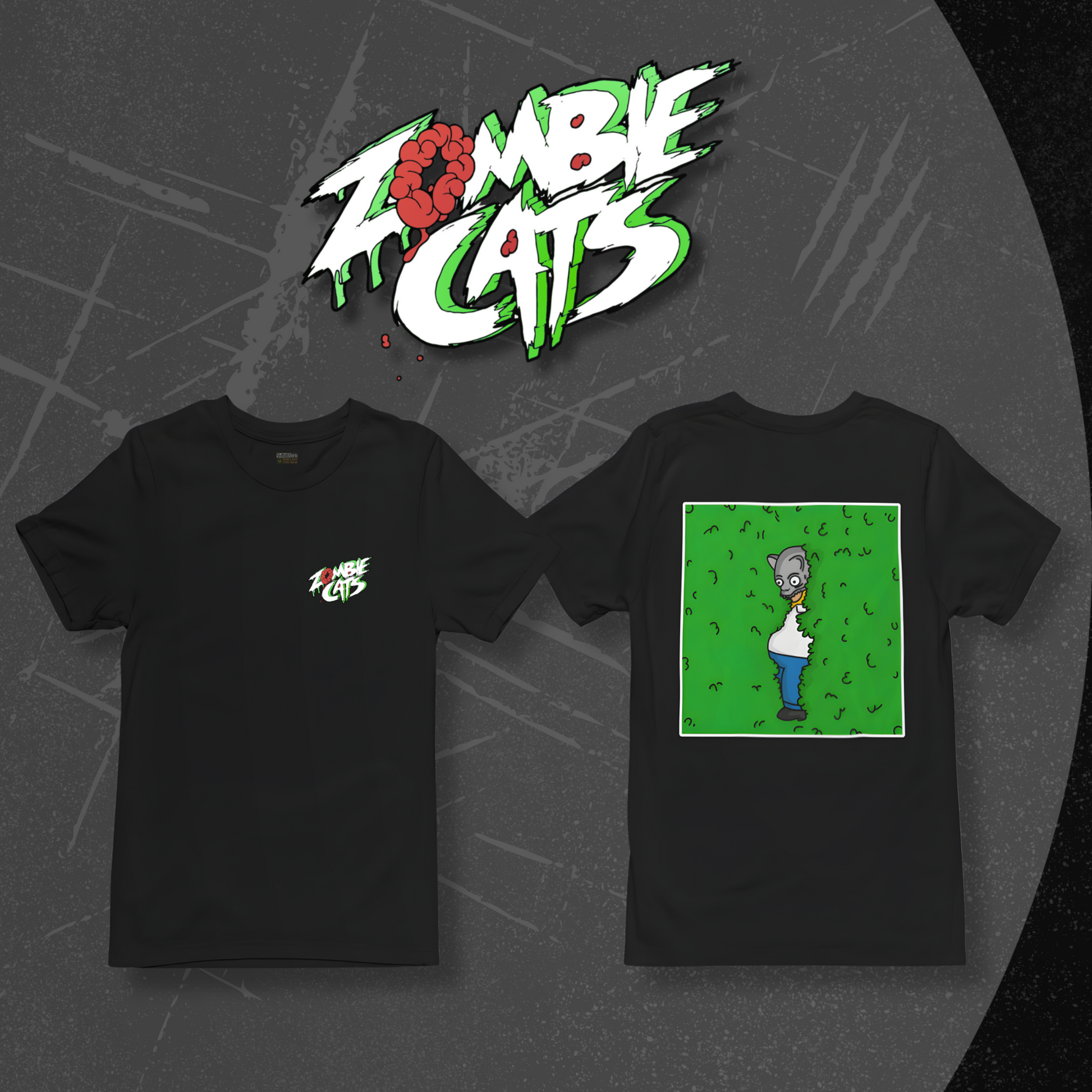 Two black t-shirts with graphic designs on a dark textured background, featuring the 'Zombie Cats' logo.