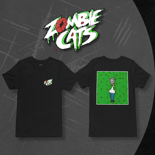 Two black t-shirts with graphic designs on a dark textured background, featuring the 'Zombie Cats' logo.