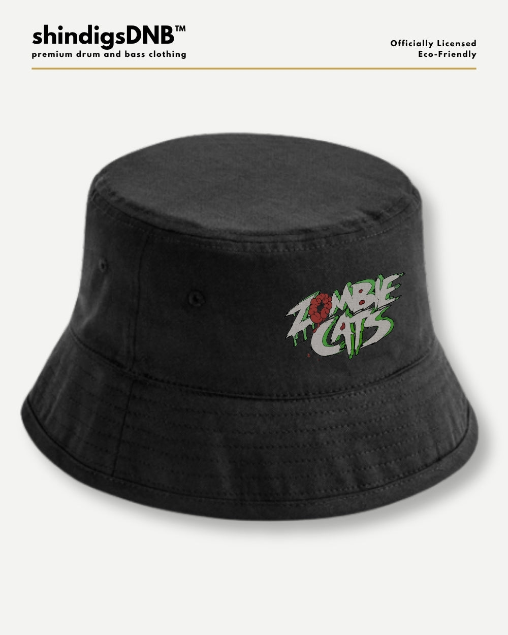A black bucket hat with a colorful embroidered 'Zombie Cats' logo on the front, displayed against a light gray background with branding text at the top.