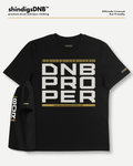 Black short-sleeve t-shirt with a large white and gold 'DNB PROPER' graphic on the front, shown alongside a matching black beanie. The brand 'shindigsDNB' is displayed at the top of the image.