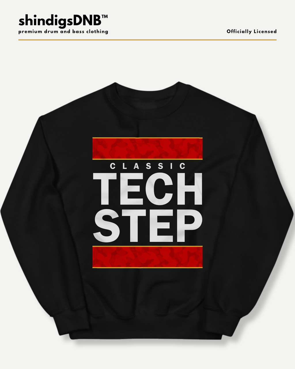 Black Classic Tech Step sweatshirt by shindigsDNB featuring bold white lettering and red camouflage graphics on the front.