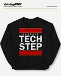 Black Classic Tech Step sweatshirt by shindigsDNB featuring bold white lettering and red camouflage graphics on the front.
