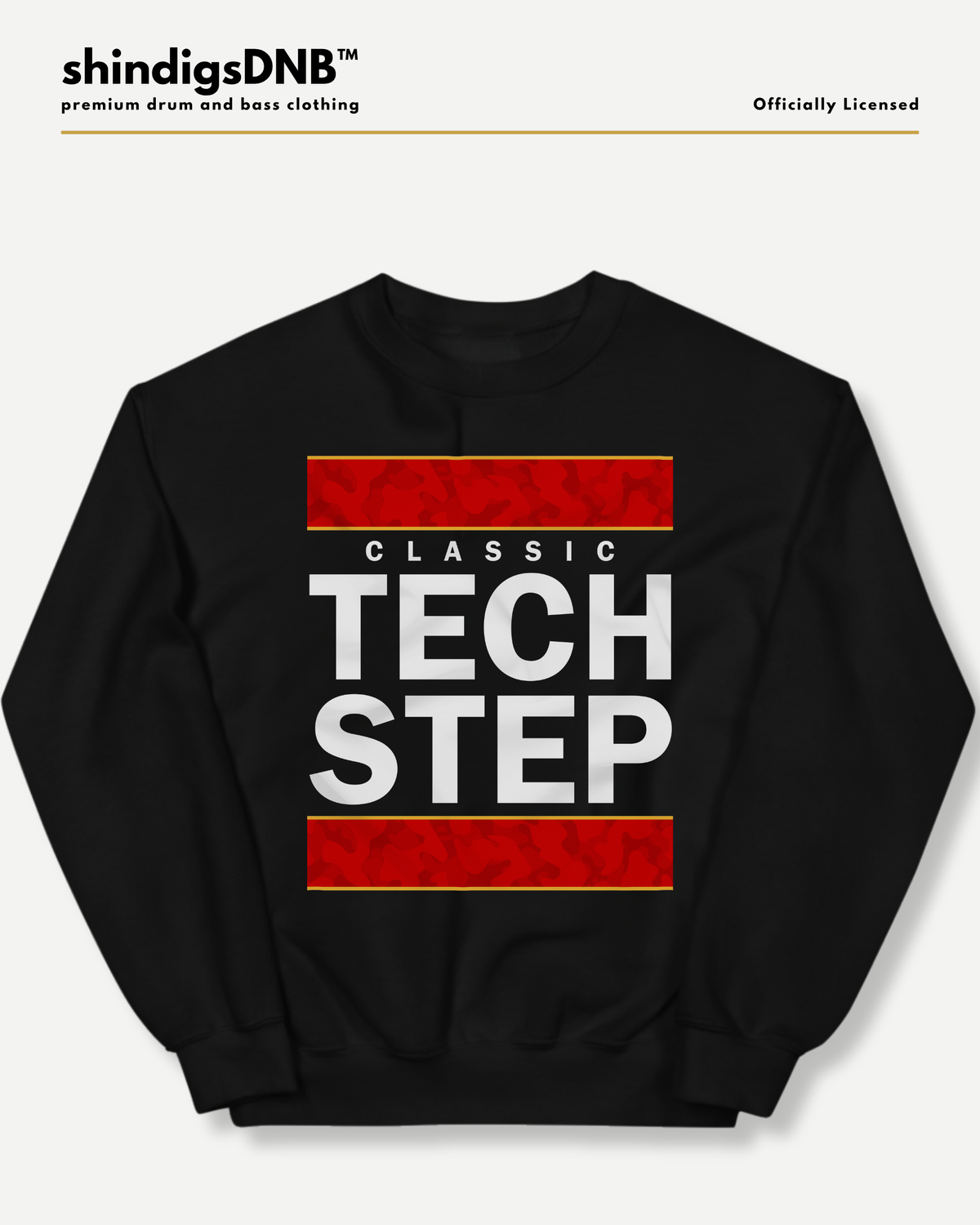 Black Classic Tech Step sweatshirt by shindigsDNB featuring bold white lettering and red camouflage graphics on the front.