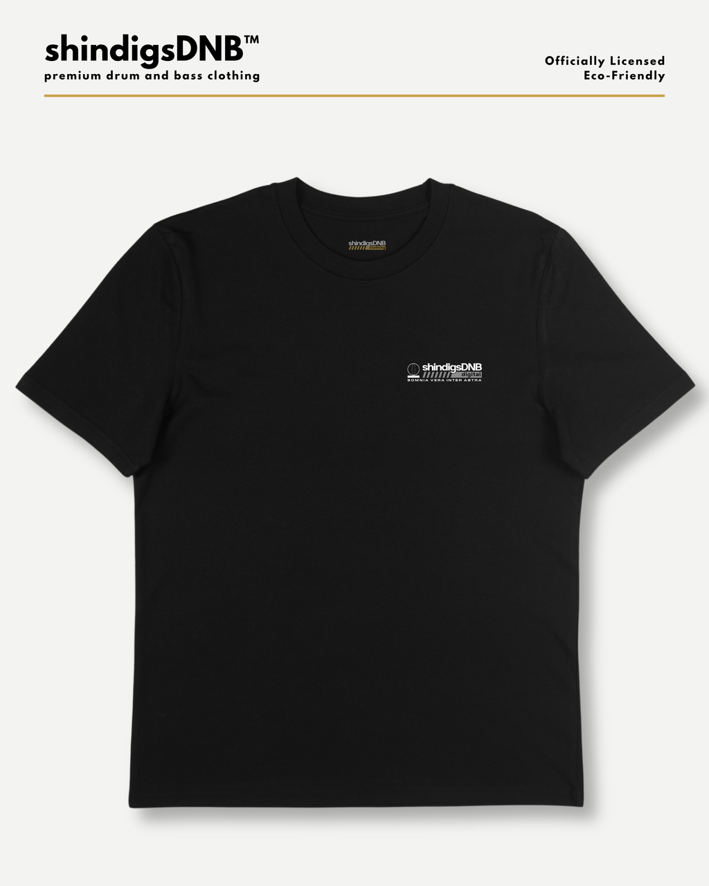 A black short-sleeve crewneck t-shirt with a small white 'shindigsDNB' logo on the left chest, displayed flat against a light gray background with brand text at the top.