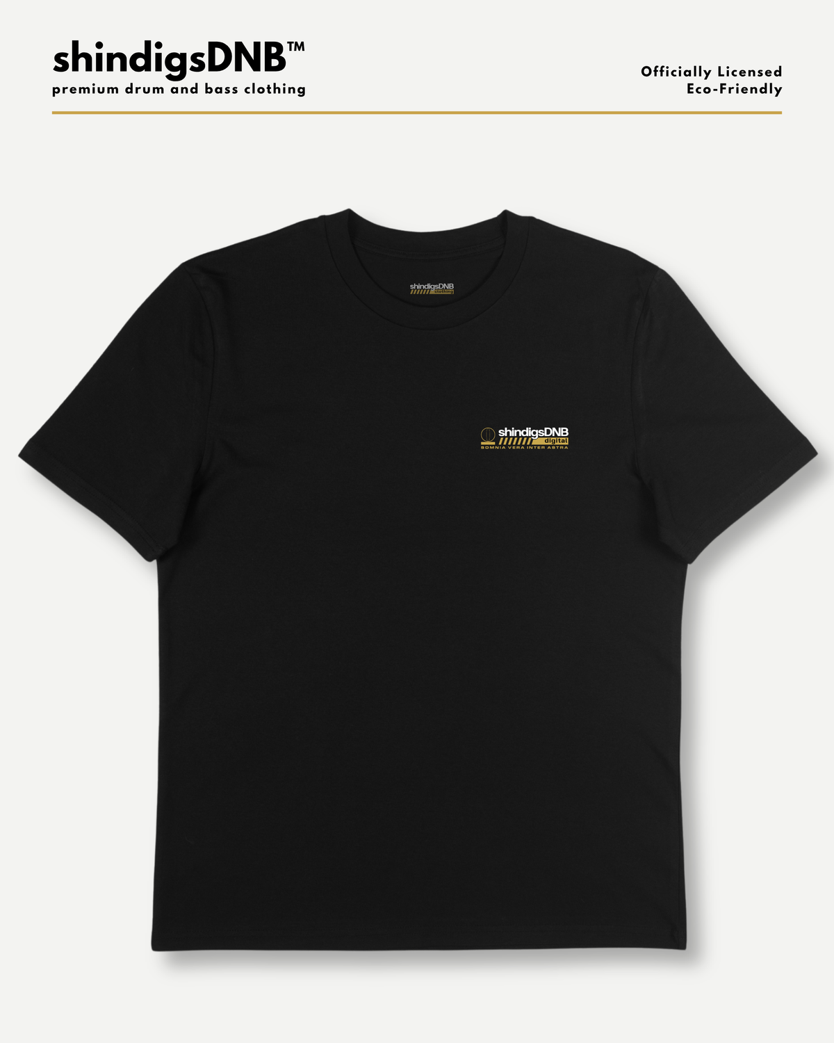A black short-sleeve crewneck t-shirt with a small yellow and white 'shindigsDNB' logo on the left chest, displayed on a light gray background with brand text at the top.