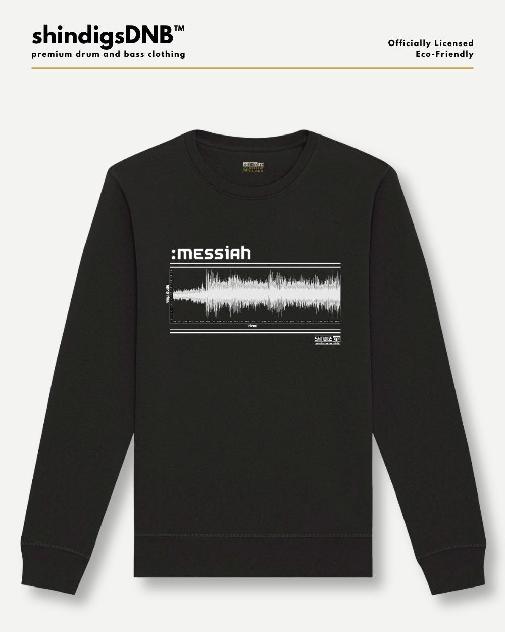A black crewneck sweatshirt with a white graphic print featuring the text ':messiah' above a soundwave design, displayed on a light gray background with brand text at the top.