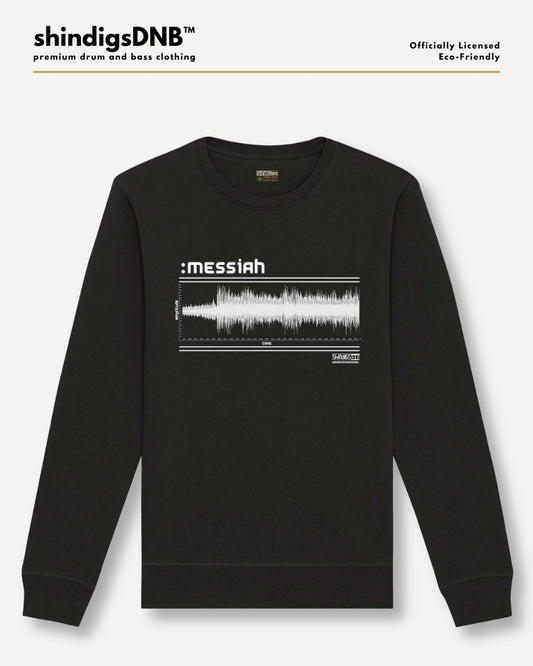 A black crewneck sweatshirt with a white graphic print featuring the text ':messiah' above a soundwave design, displayed on a light gray background with brand text at the top.