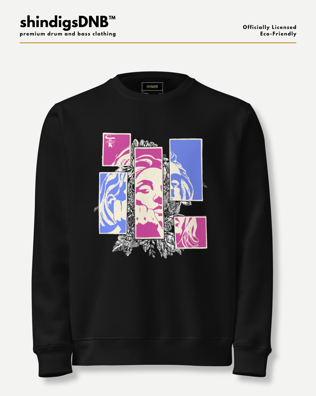 A black crewneck sweatshirt featuring a colorful pop-art graphic print of Betty Boo's face in pink, blue, and white blocks, displayed on a light gray background with branding text at the top.