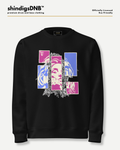 A black crewneck sweatshirt featuring a colorful pop-art graphic print of Betty Boo's face in pink, blue, and white blocks, displayed on a light gray background with branding text at the top.